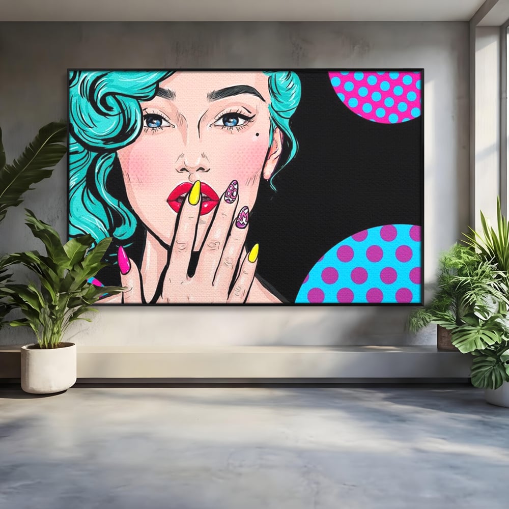 Tablou canvas cu tablou canvas cu femeie pop art, in rama de aluminiu negru